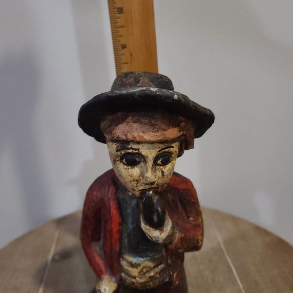 Vintage Folk Art Hand Carved Wooden Figure of a Man Smoking a Pipe - Picture 7 of 9